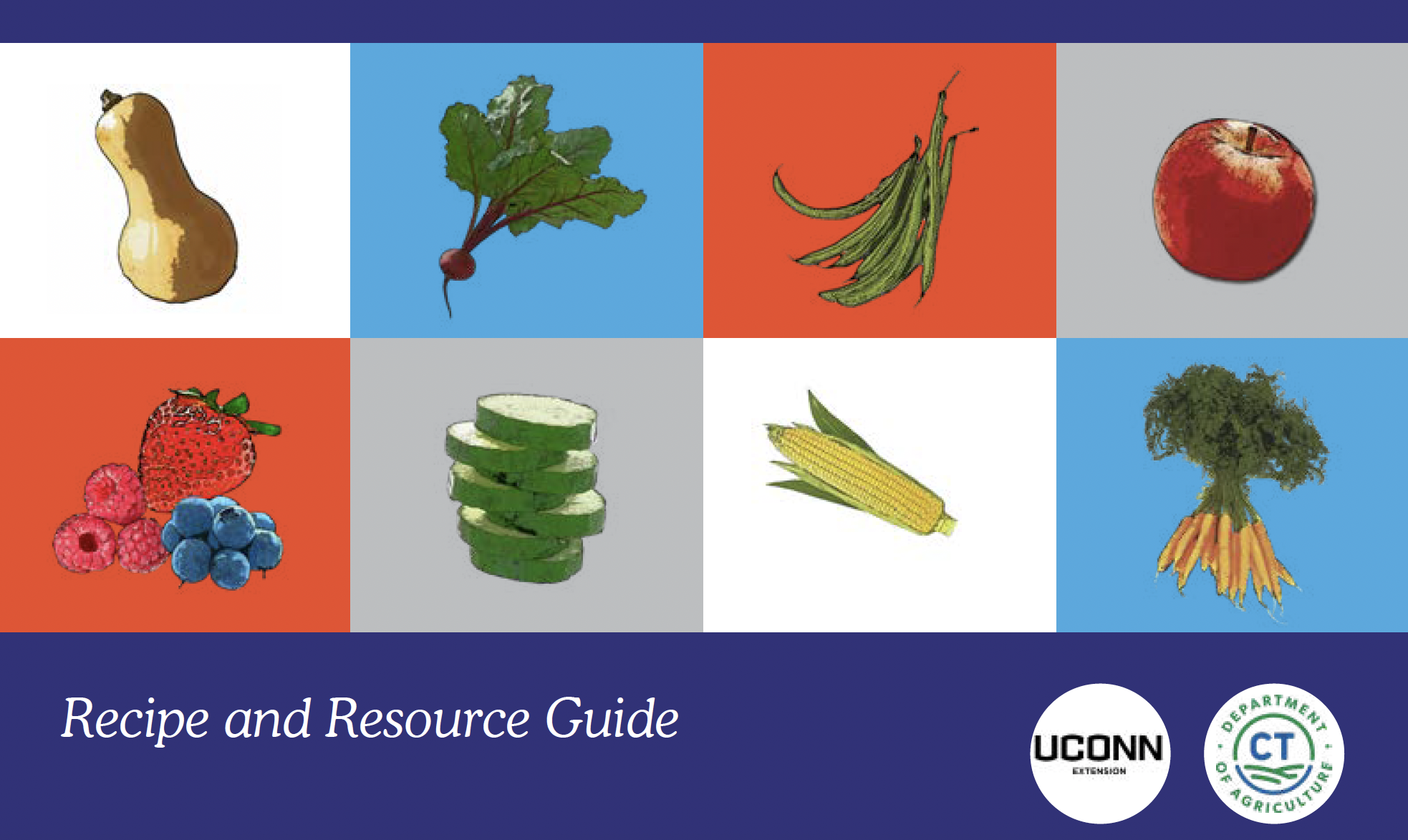 Recipe and resource guide cover with graphics of different vegetables on red, blue, white, and grey